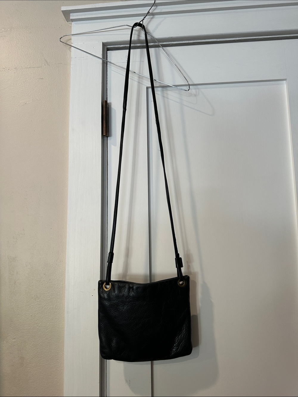 margot Black Pebbled Leather Crossbody with Gold Eyelets